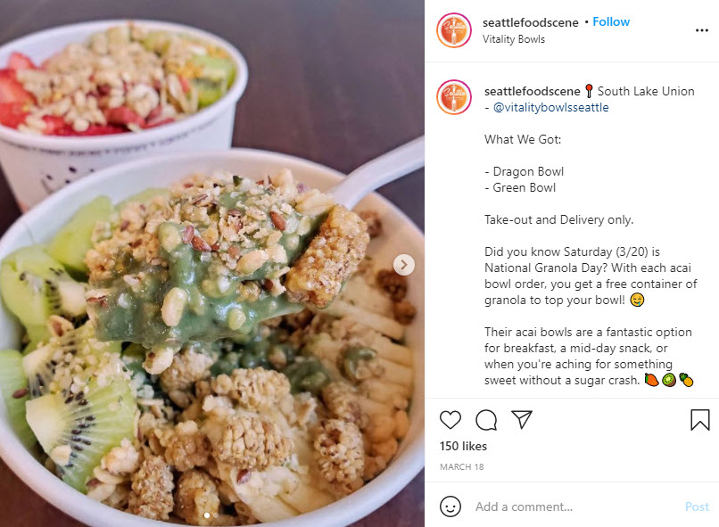 Seattle Food Scene Posts About Vitality Bowls on Instagram
